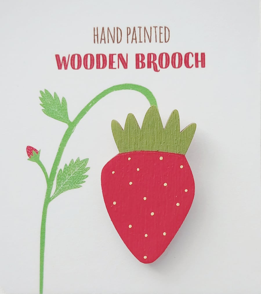 Strawberry Brooch, Strawberry Pin, Wooden Fruit Pin, Fruit Brooch