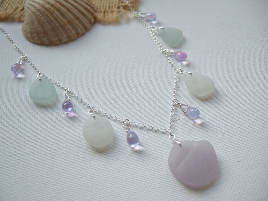 Seaham Lavender Wh Sea Foam Beach Glass Necklace, Alexandrite Beads Sterling 18"