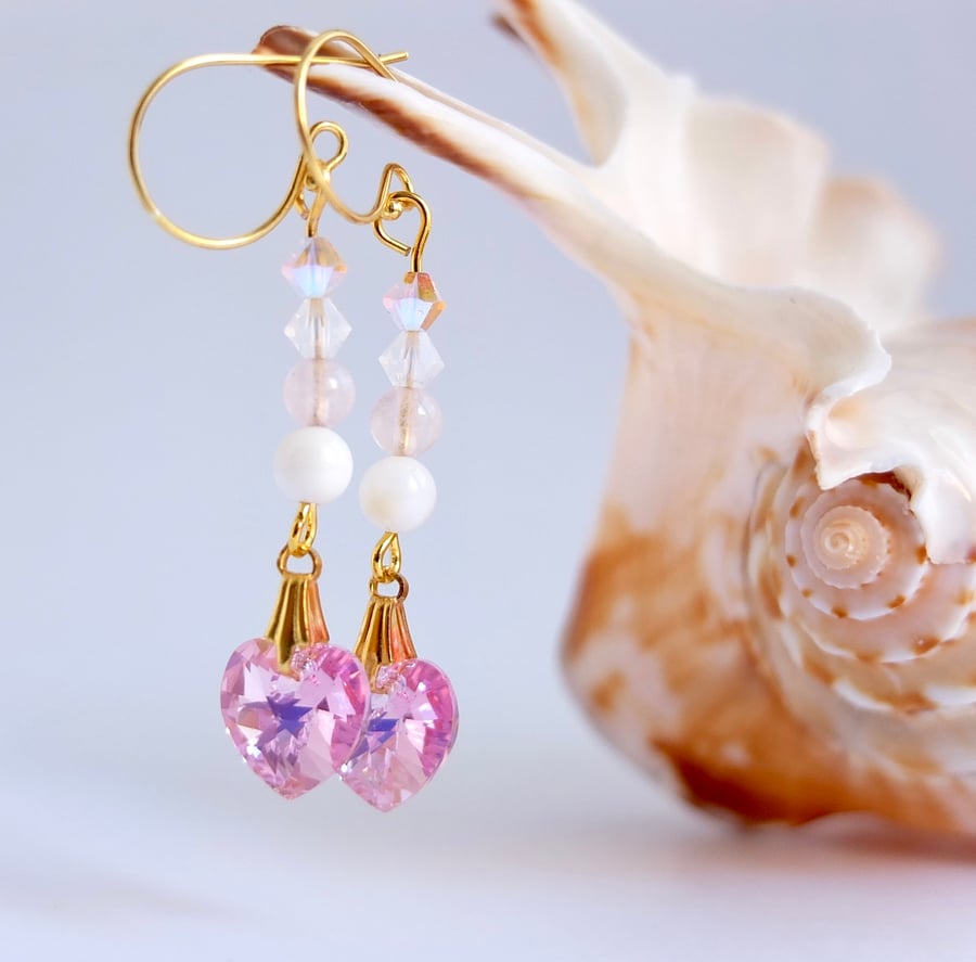 Swarovski Pink Crystal Heart, Rose Quartz and Shell Earrings.