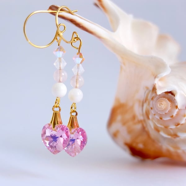 Swarovski Pink Crystal Heart, Rose Quartz and Shell Earrings.