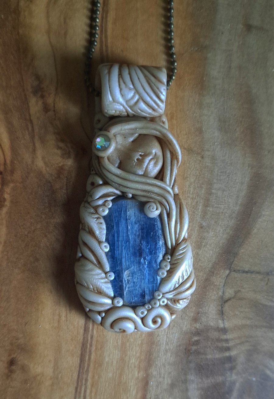 Blue Kyanite Crystal and Polymer Clay Goddess Amulet Pendant 
