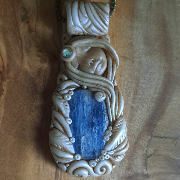 Blue Kyanite Crystal and Polymer Clay Goddess Amulet Pendant 