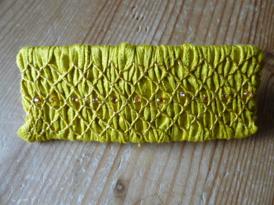 Hand Smocked and Beaded Mustard Silk Hair Clip, H8