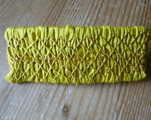 Hand Smocked and Beaded Mustard Silk Hair Clip, H8