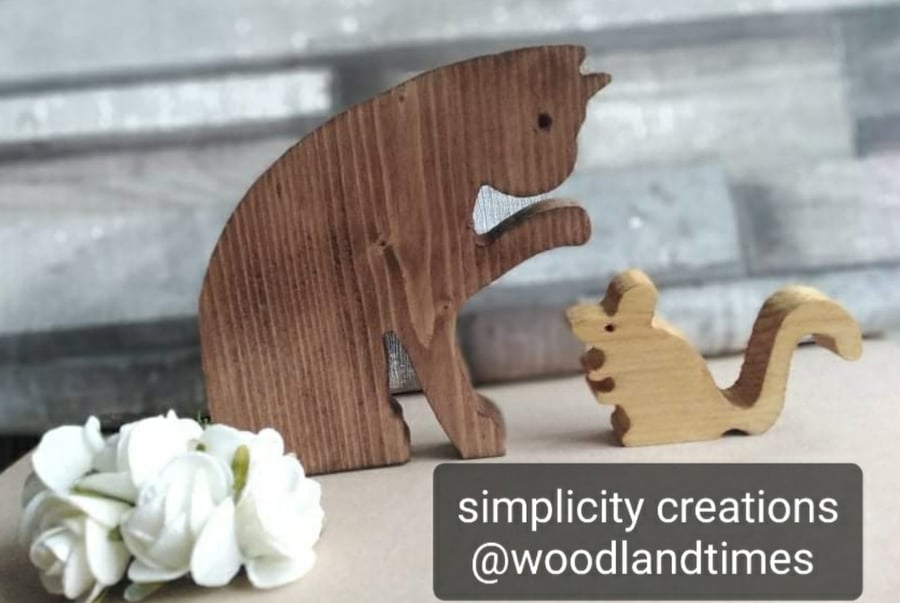 Cat and mouse wooden home decor, wooden cat and mouse, simplicity creations, 