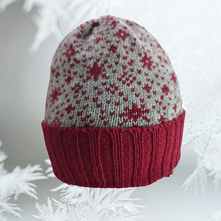 Snowflakes Red and Silver Grey Merino Wool Beanie. Unisex Hat