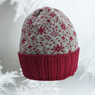 Snowflakes Red and Silver Grey Merino Wool Beanie. Unisex Hat