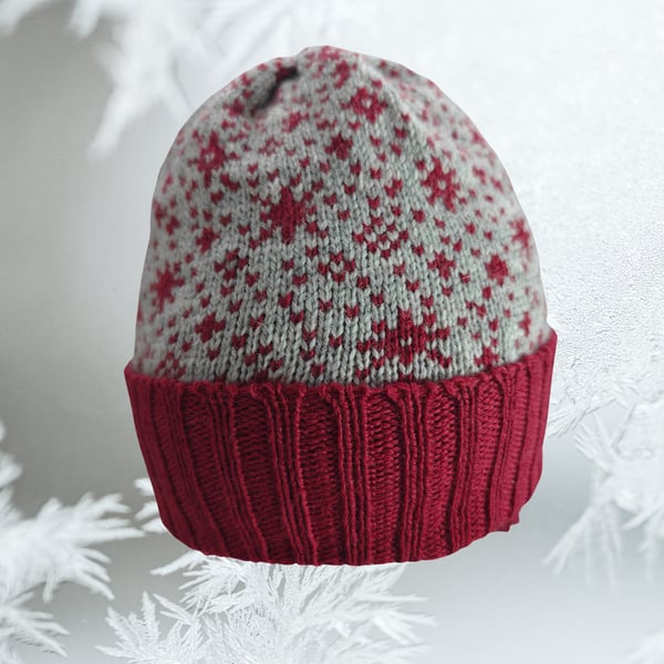 Snowflakes Red and Silver Grey Merino Wool Beanie. Unisex Hat
