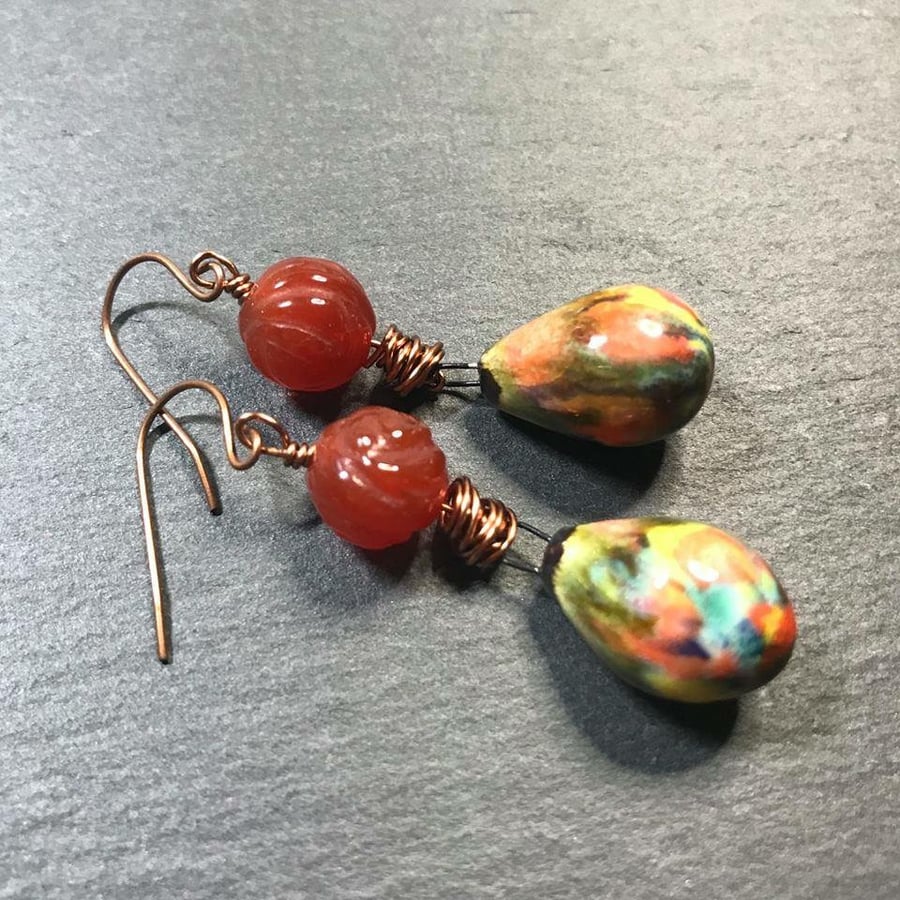 Autumnal red agate gemstone and Artisan ceramic drop earrings