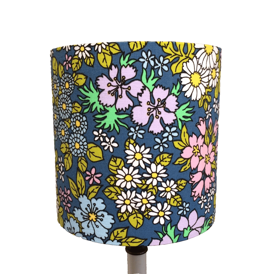 Pretty Pink Lilac Pastel Flowers Daisies on Blue 60s Vintage fabric Lampshade