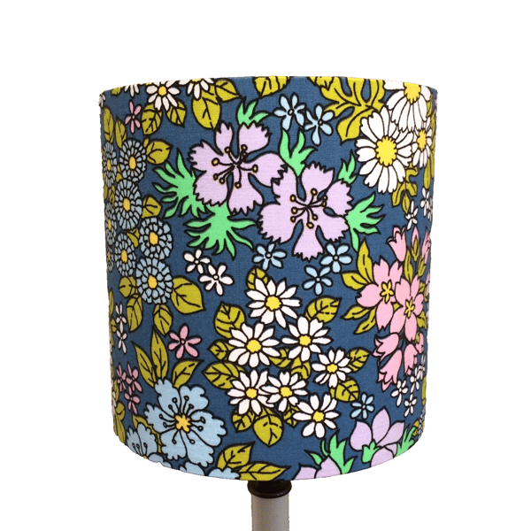 Pretty Pink Lilac Pastel Flowers Daisies on Blue 60s Vintage fabric Lampshade