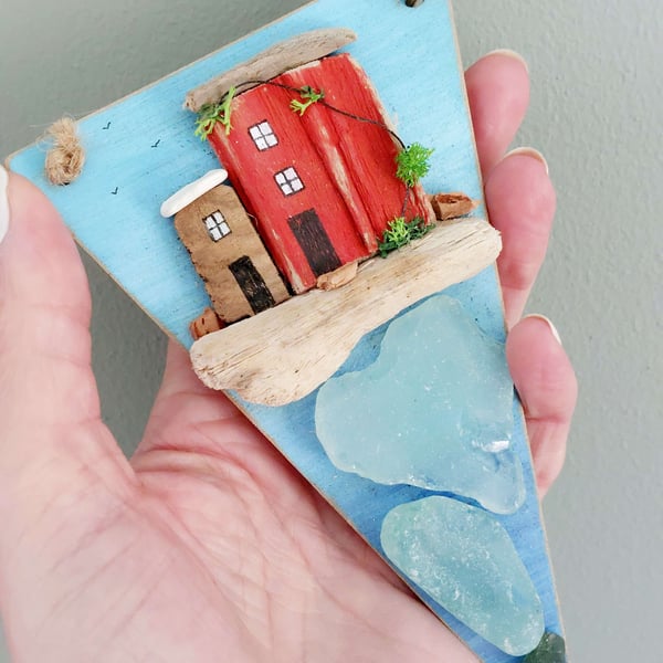 Sea Glass and Driftwood 3D Art - Hanging Sustainable Decoration, Mini Houses