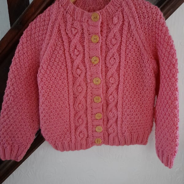Hand Knitted Pink Aran Cardigan 26" Chest