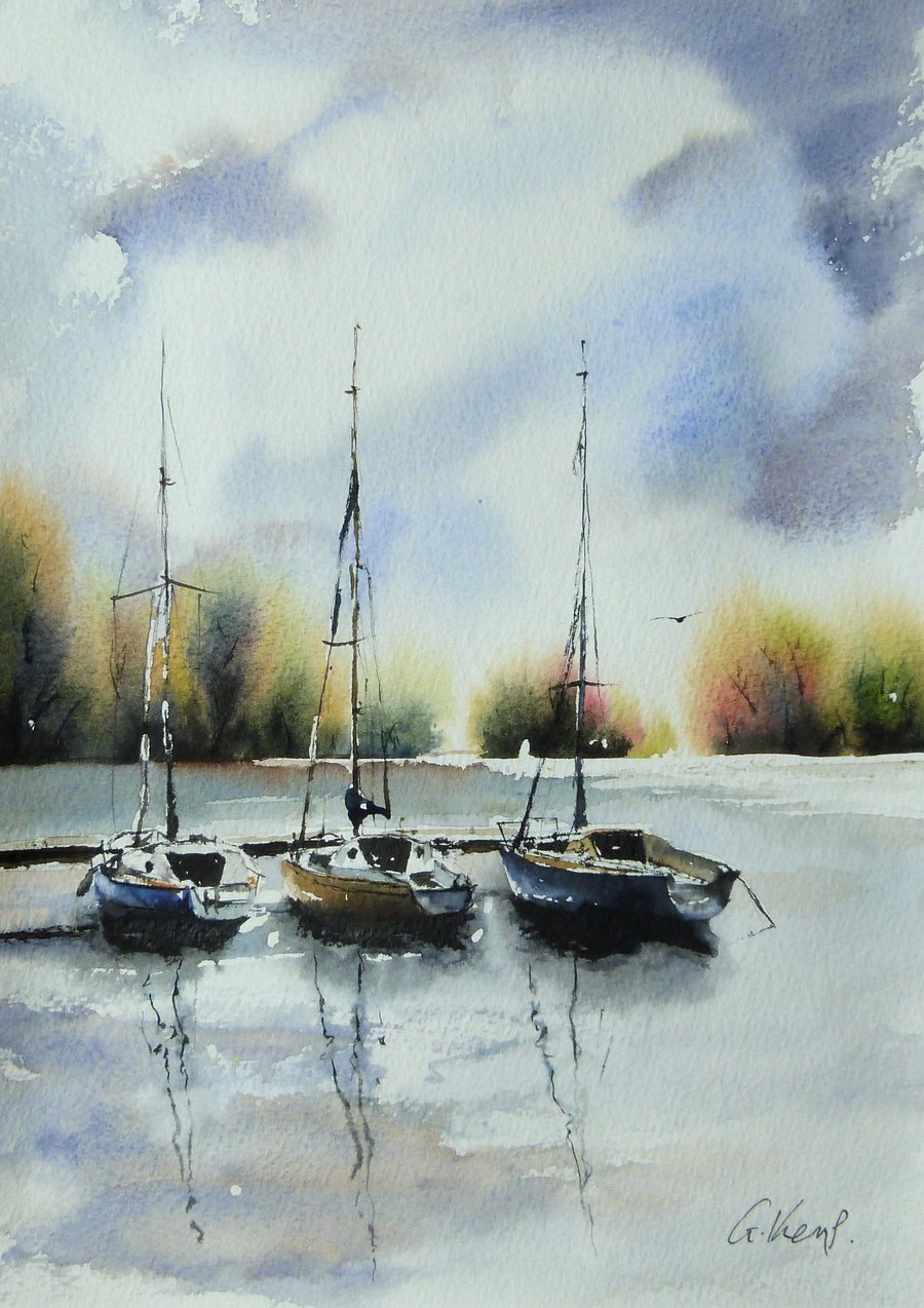 Three Sailboats, Original Watercolour Painting.