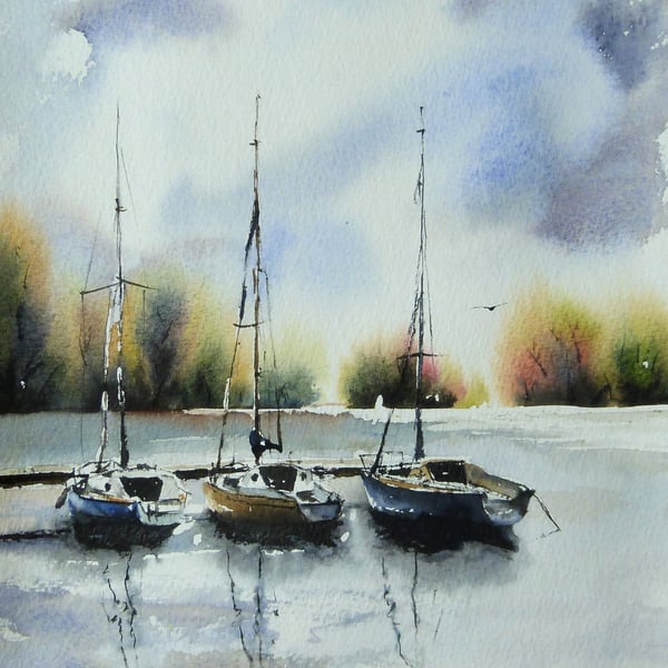Three Sailboats, Original Watercolour Painting.