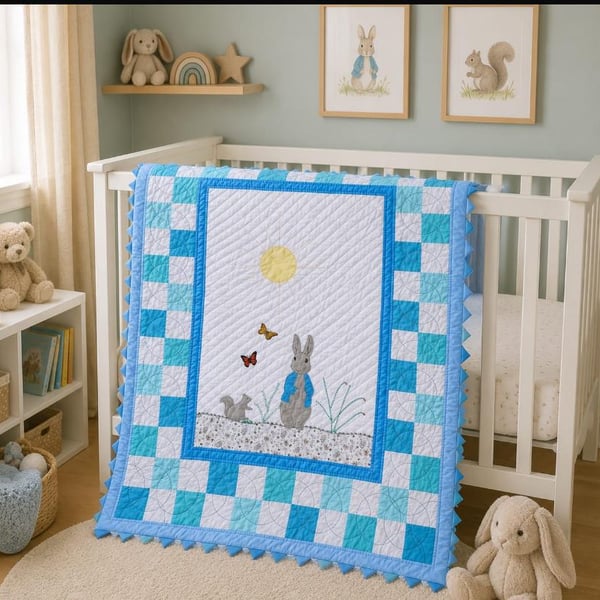 Hand Quilted Mr P Rabbit Baby or Toddler Quilt