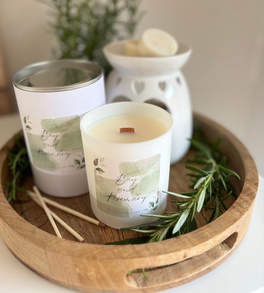 Candle & wax melts set. Bay & Rosemary scented gift bundle 