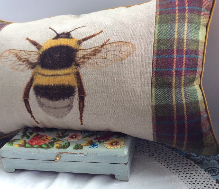 Bee cushion. Bee pillow. Linen and tartan cushion. Large insect cushion.