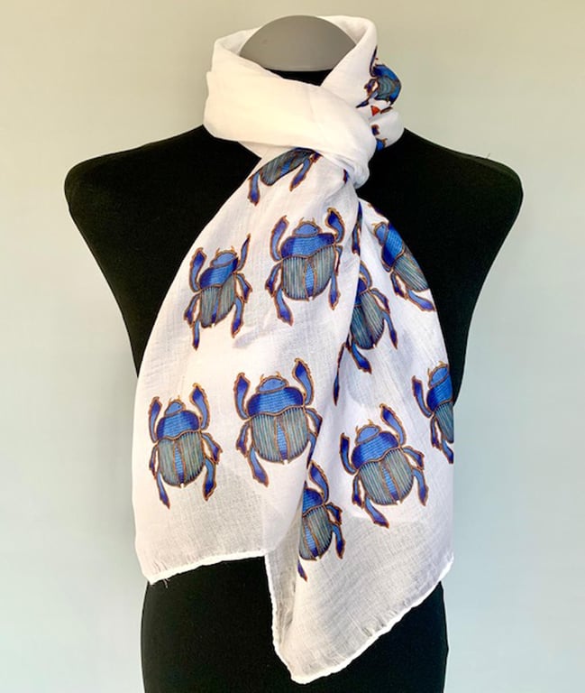 Egyptian Blue Scarab Scarf Spiritual Protection Gift. White. Lightweight