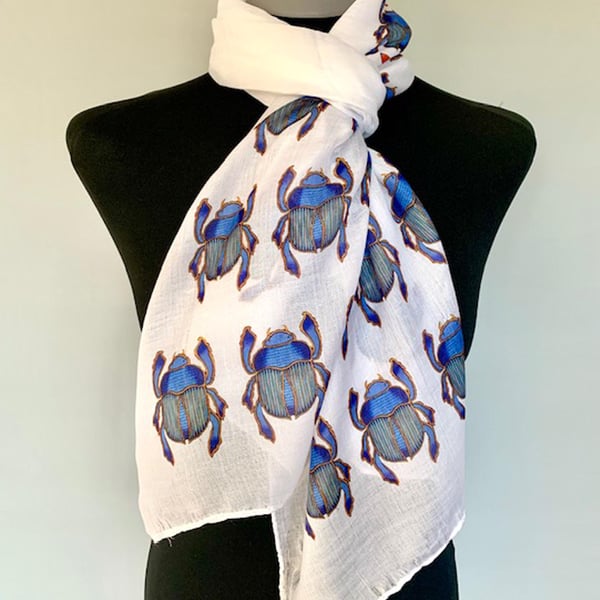 Egyptian Blue Scarab Scarf Spiritual Protection Gift. White. Lightweight