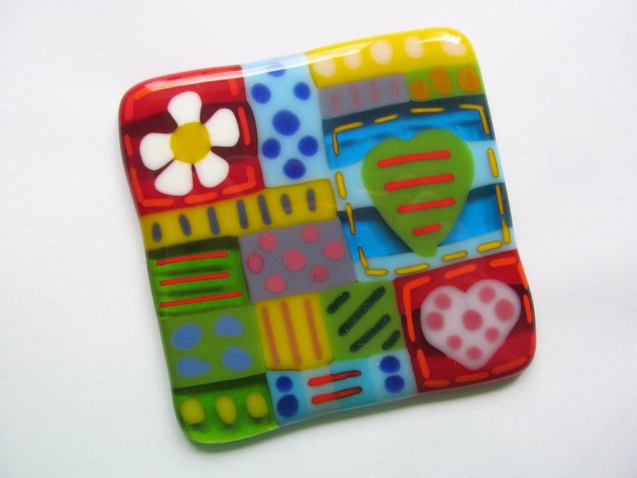 Rainbow Fused Glass Patchwork Coaster (Hippy Rainbow Patchwork)