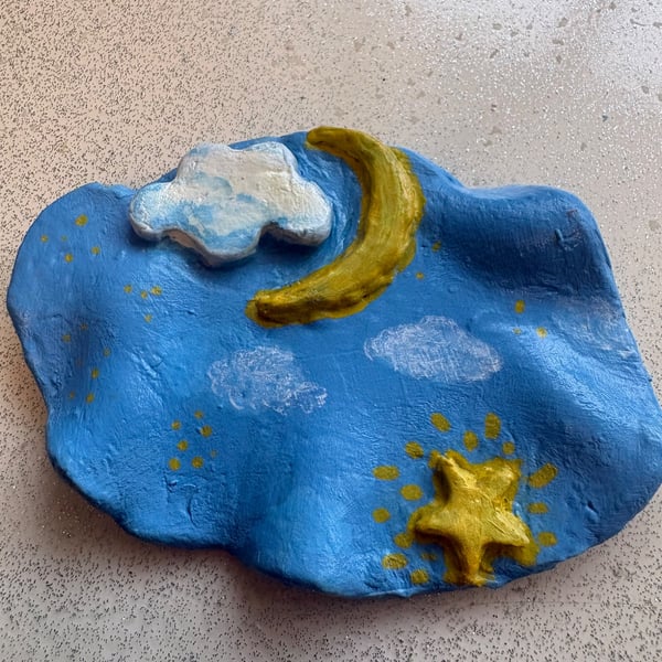 Handmade clay jewellery dish trinket dish star, moon and sky themed