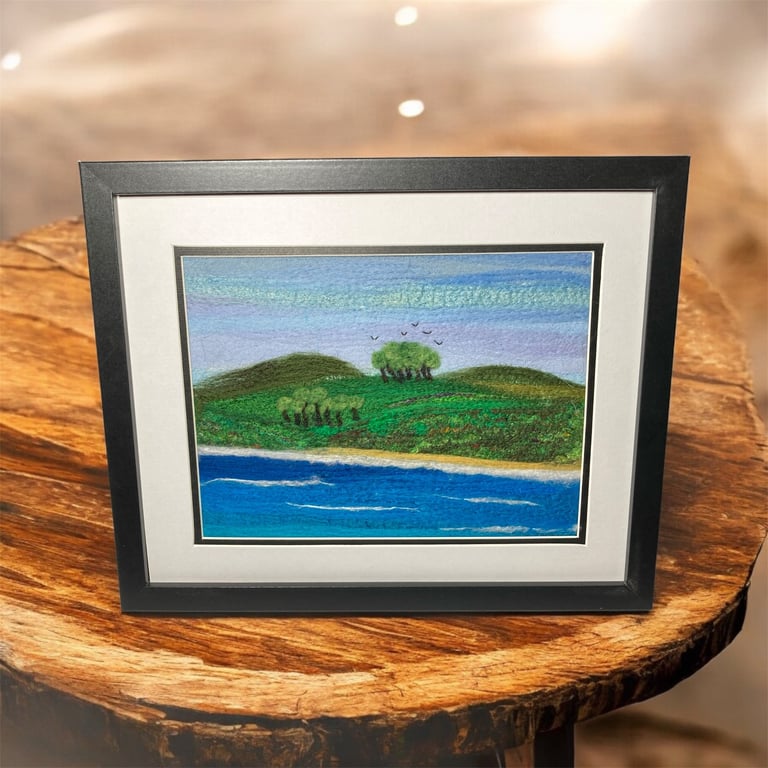 Silk & wool textile art picture, beach scene, the shoreline, 8" x 10" 