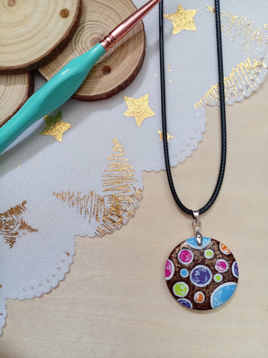 Colourful circular hand painted wooden necklace 