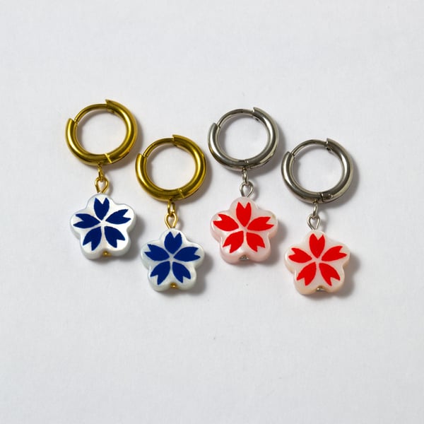 Flower Earrings Huggie Charm Japanese Earrings Gold Huggies Blue Flower Earrings