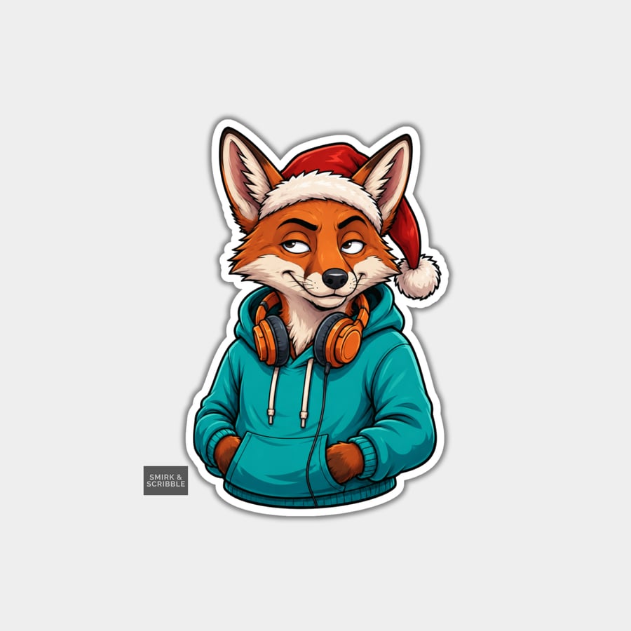 Image of Funny Christmas Sticker Vinyl Xmas Decal For Adults - Cute Fox In Hoodie