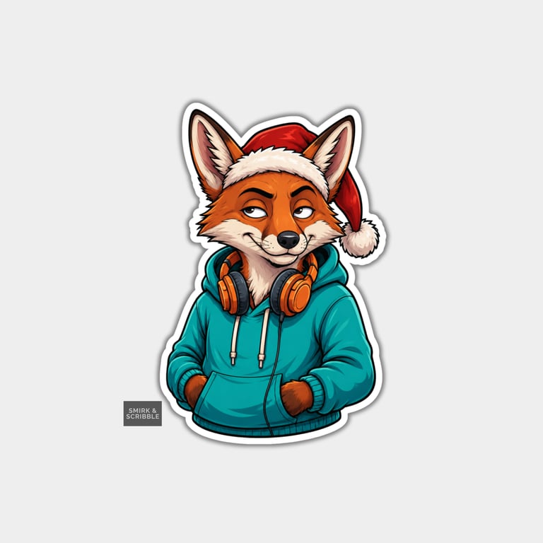 Funny Christmas Sticker Vinyl Xmas Decal For Adults - Cute Fox In Hoodie