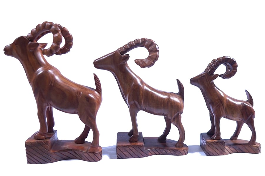 Set of 3 Hand Carved Wooden Goat Sculptures - Handmade Wooden Animal Home Decor