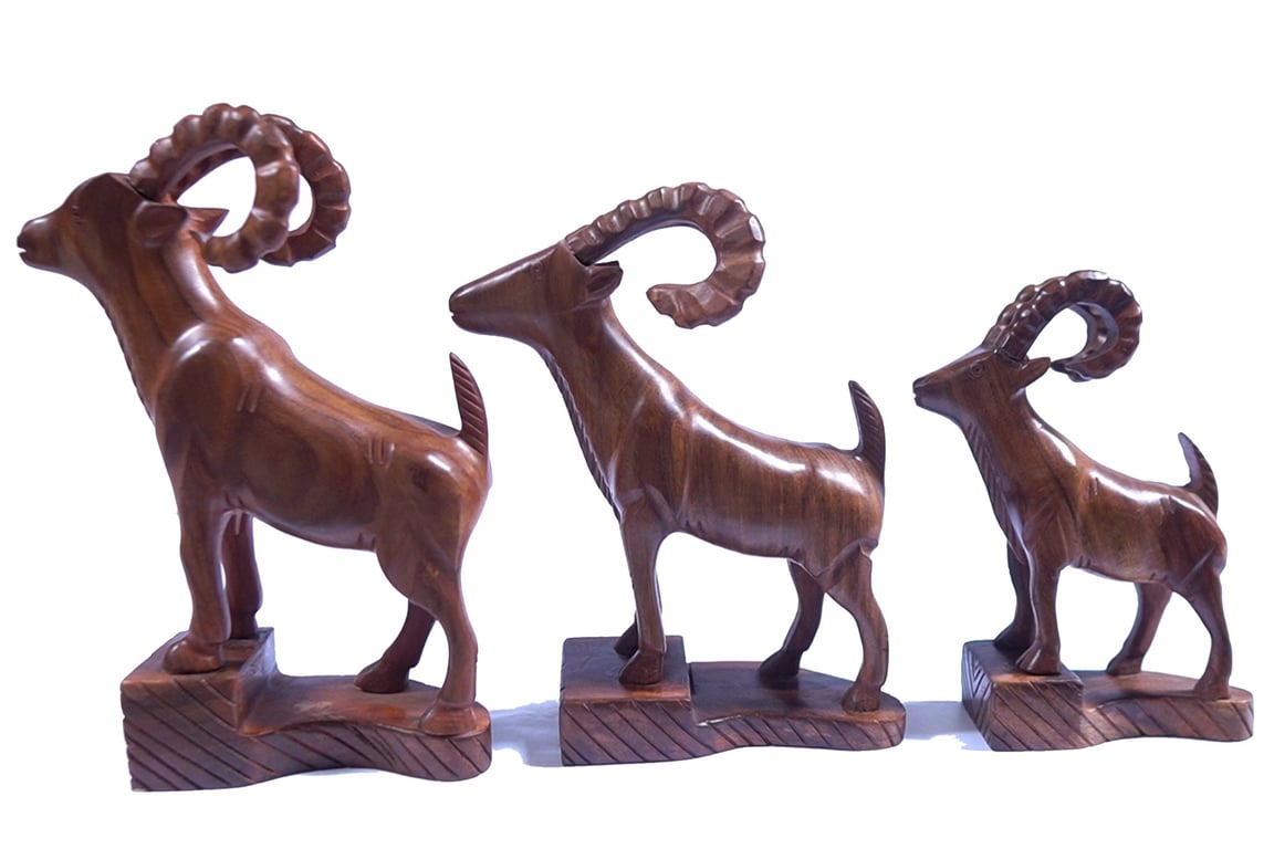 Set of 3 Hand Carved Wooden Goat Sculptures - Handmade Wooden Animal Home Decor