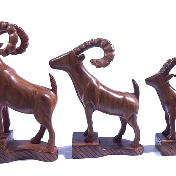 Set of 3 Hand Carved Wooden Goat Sculptures - Handmade Wooden Animal Home Decor