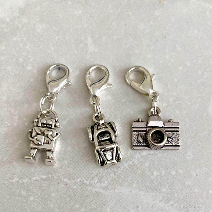Car, Robot and Camera charms, set of three, zip pulls, charms for boys