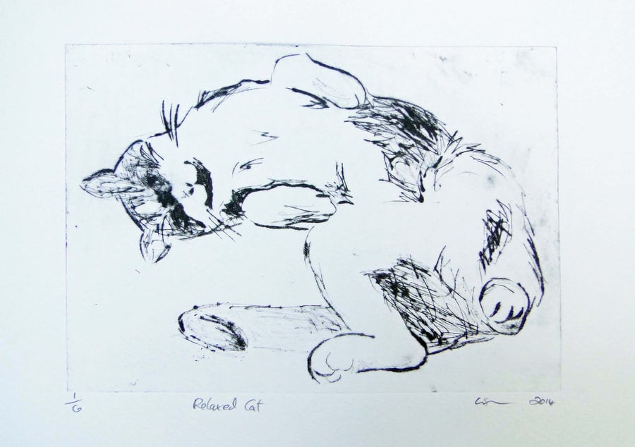Relaxed Cat Limited Edition Original Hand-Pulled Drypoint Print Animal Art