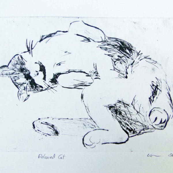 Relaxed Cat Limited Edition Original Hand-Pulled Drypoint Print Animal Art