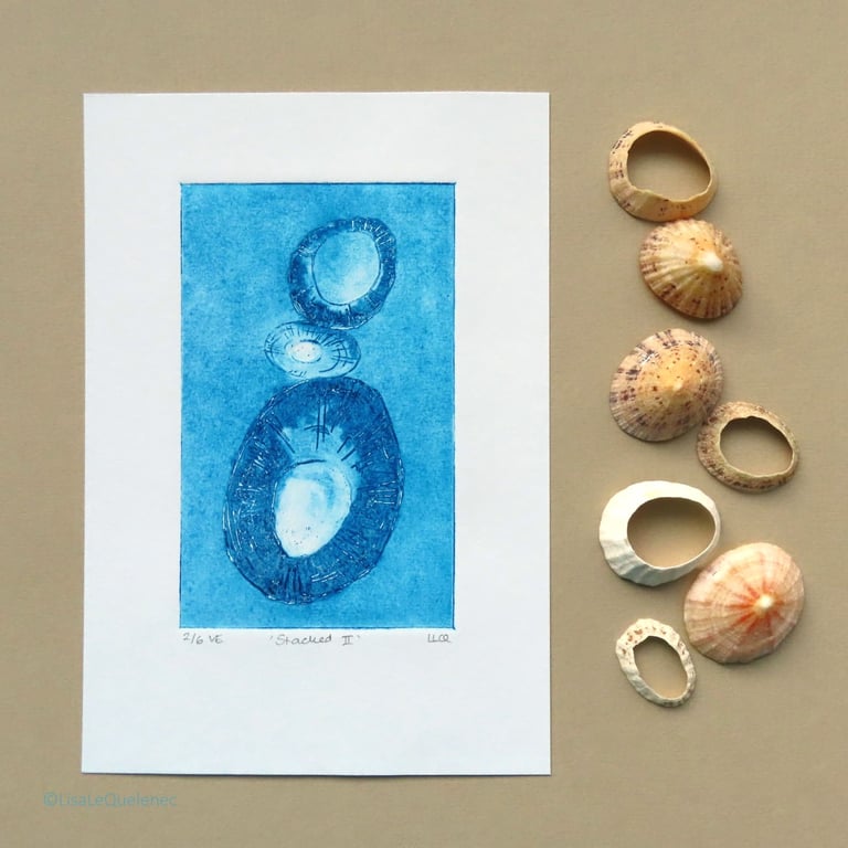 Collagraph original print no.2 of a varied edition of 6 limpet shells stacked