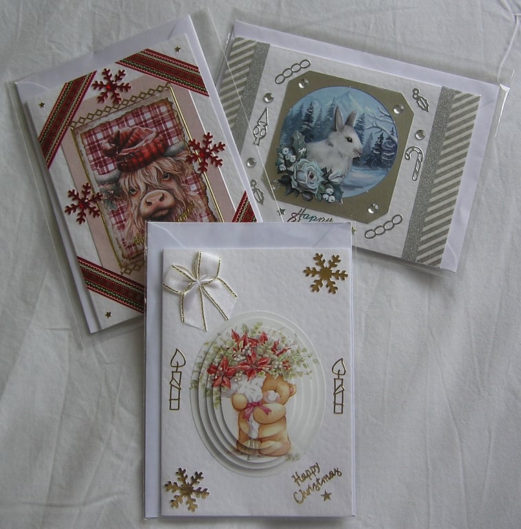 Set of 3 (Three) Beautiful Hand-Crafted Christmas Decoupage Greeting Cards (c)