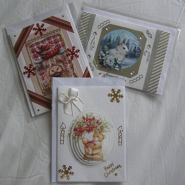 Set of 3 (Three) Beautiful Hand-Crafted Christmas Decoupage Greeting Cards (c)
