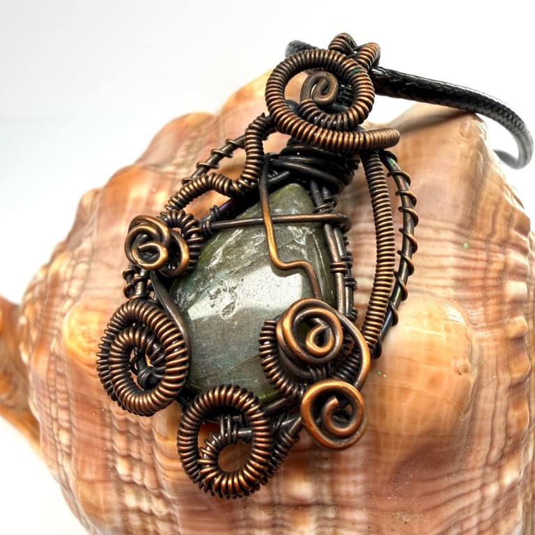 Love Tokens: Copper Wire Wrapped Labradorite Pendant On Waxed Cord Necklace