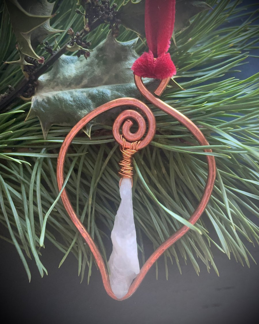 Copper Teardrop with Rainbow Quartz Point; Yule or Christmas Decoration
