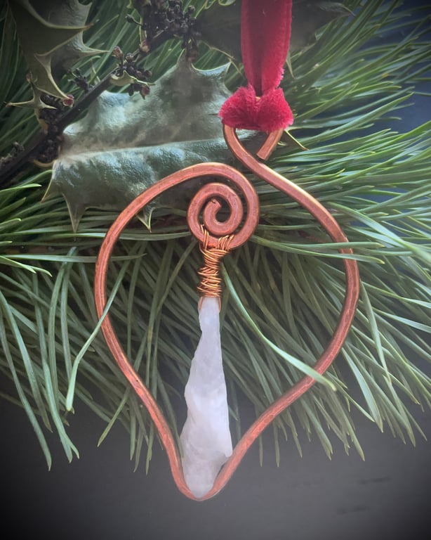 Copper Teardrop with Rainbow Quartz Point; Yule or Christmas Decoration