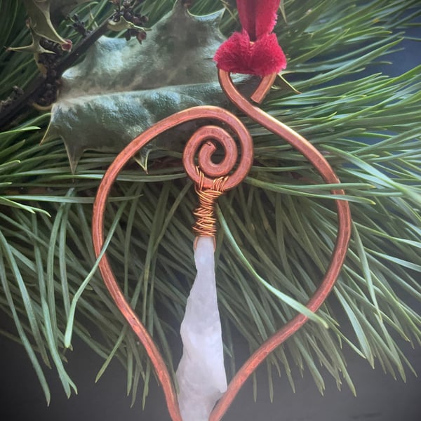 Copper Teardrop with Rainbow Quartz Point; Yule or Christmas Decoration