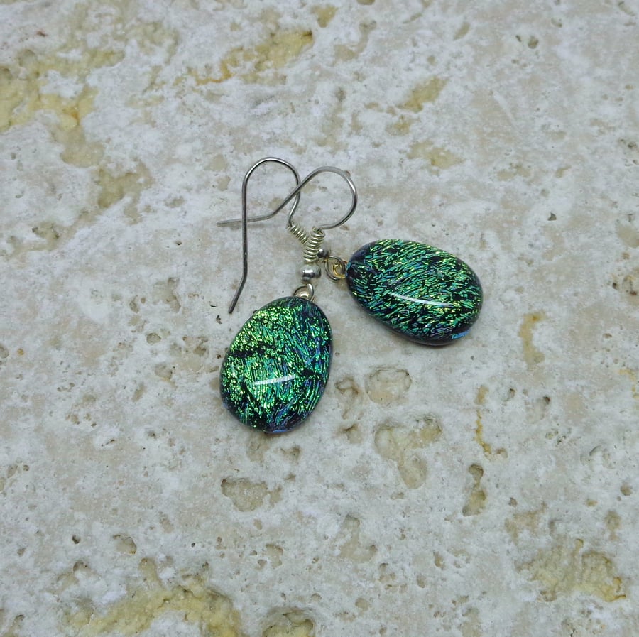 Dichroic glass earrings Sparkly green pebble drop