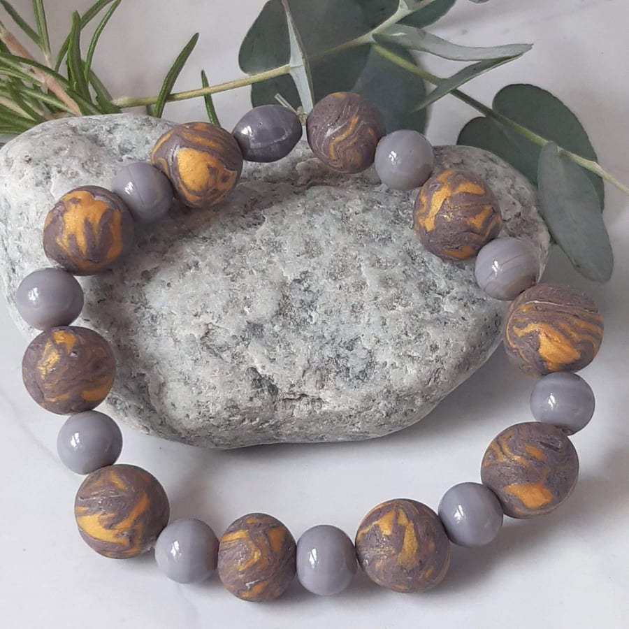 Mauve and gold polymer clay bracelet