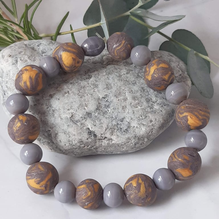 Mauve and gold polymer clay bracelet