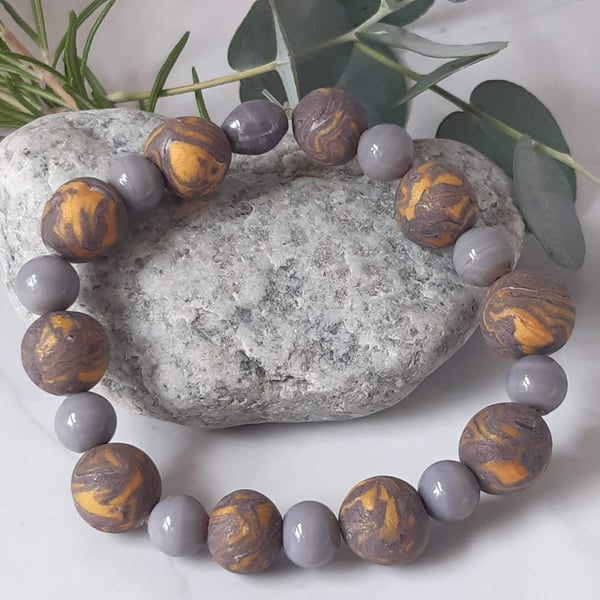 Mauve and gold polymer clay bracelet