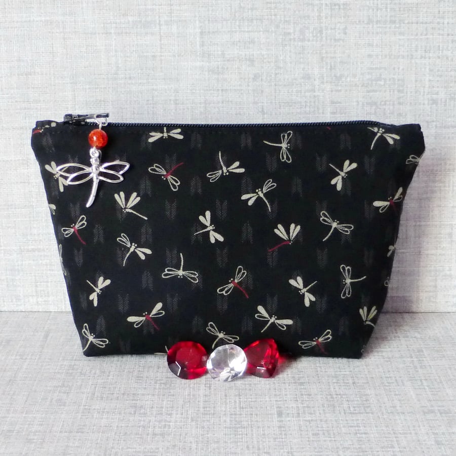 Dragonflies make up bag, zipped pouch, cosmetic bag, medium size.