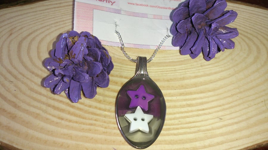 Resin Filled Silver Plated Spoon Necklace with White and Purple Star Buttons